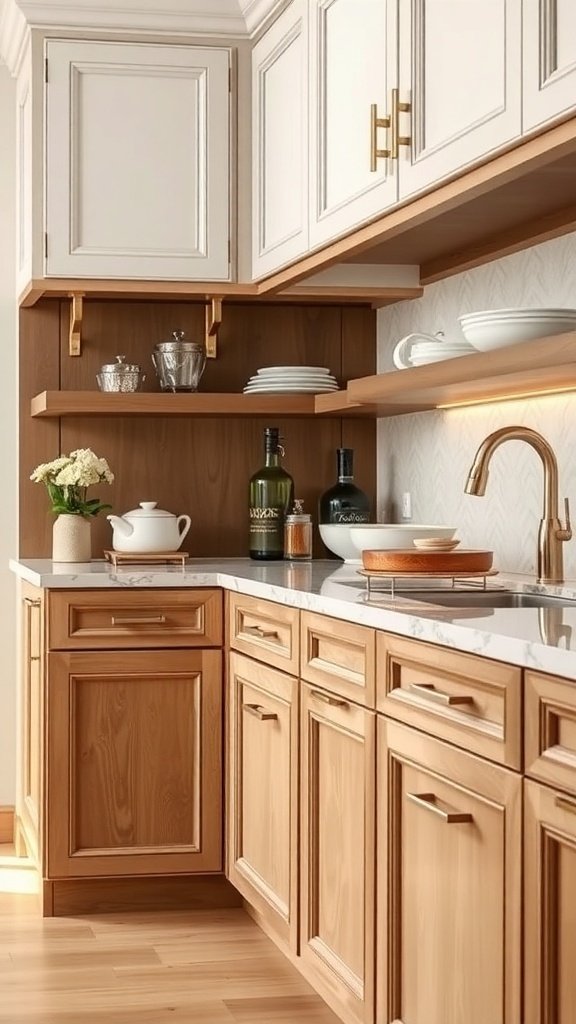 Modern kitchen with wood and white cabinetry featuring gold hardware and open shelving