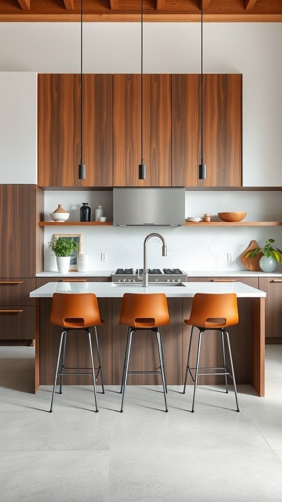 Modern kitchen with stylish orange bar stools