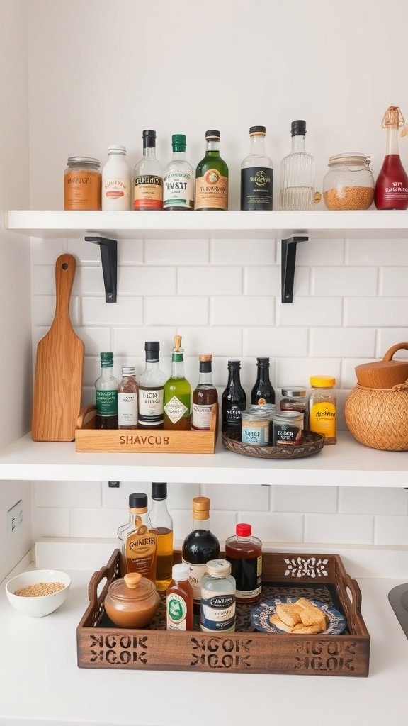 A small kitchen shelf with decorative trays organizing various bottles and jars.
