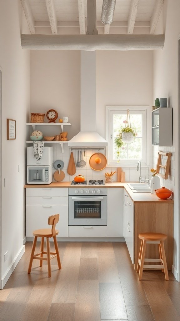 A cozy open kitchen featuring light colors and wooden accents, designed for family use.