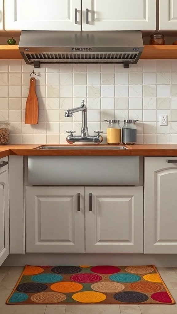 Colorful kitchen mat with circles in a cottage kitchen setting