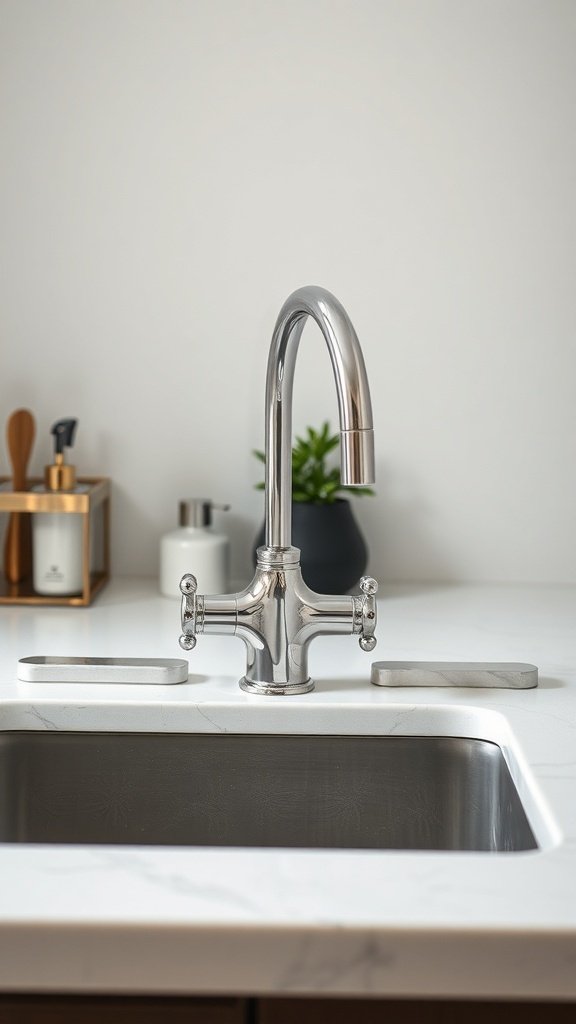 A modern kitchen sink with a chrome faucet and minimalist design.
