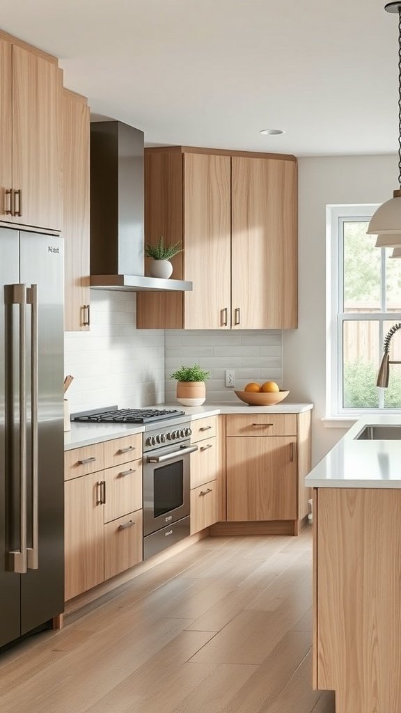 Modern kitchen with white oak cabinets, stainless steel appliances, and a bright atmosphere