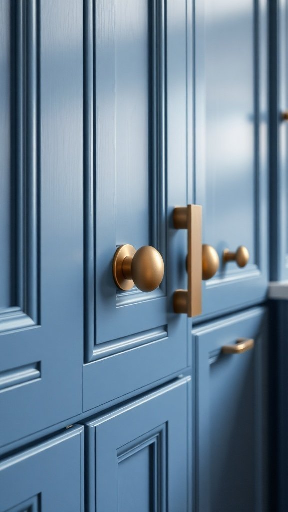 Close-up of blue kitchen cabinets with gold hardware