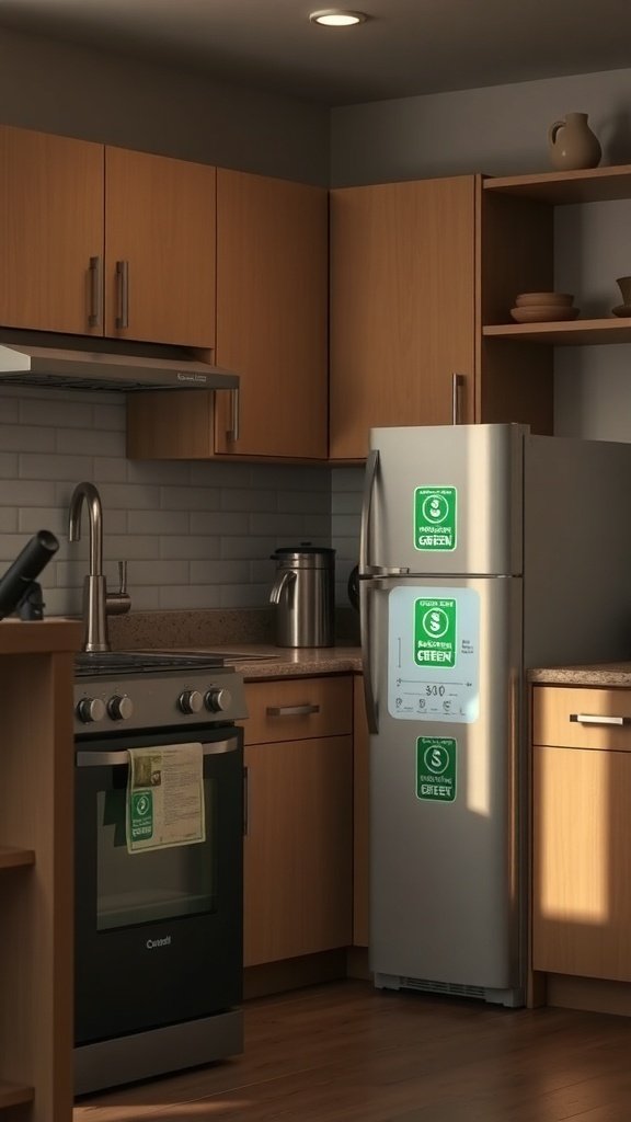 A modern kitchen featuring eco-friendly appliances with green certification labels.