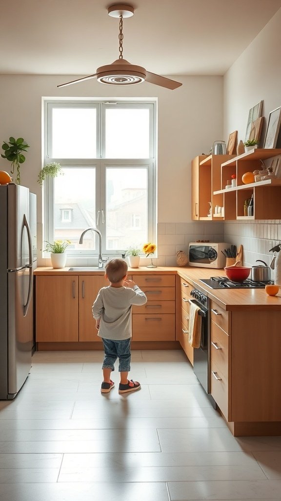 A child exploring a bright and spacious kitchen with wooden cabinets and a sunny window.