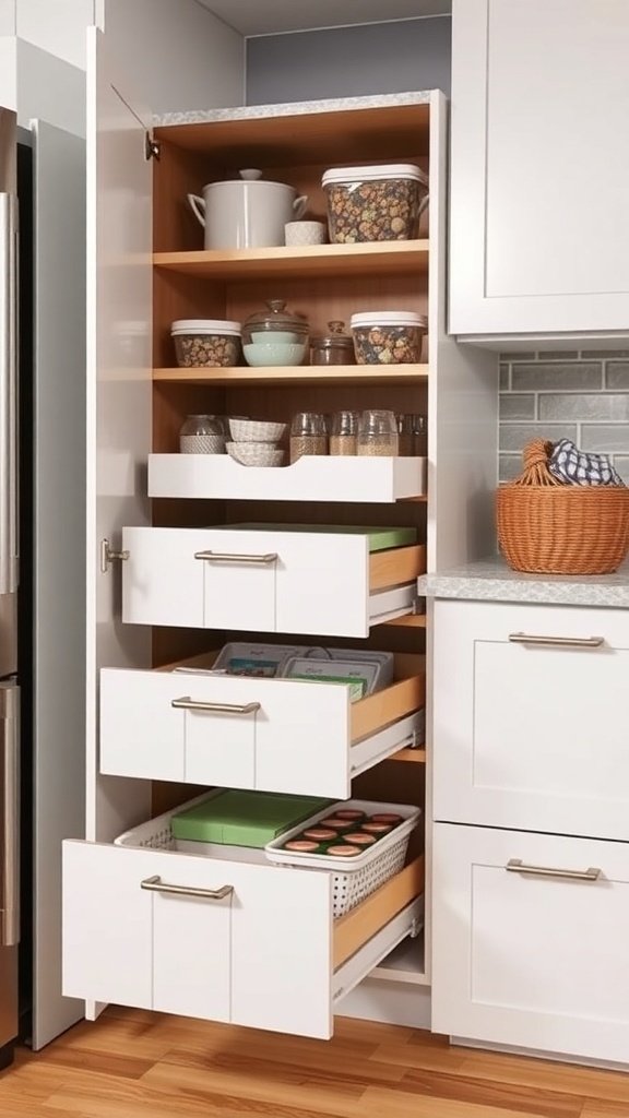 A kitchen cabinet with pull-out drawers and organized storage.