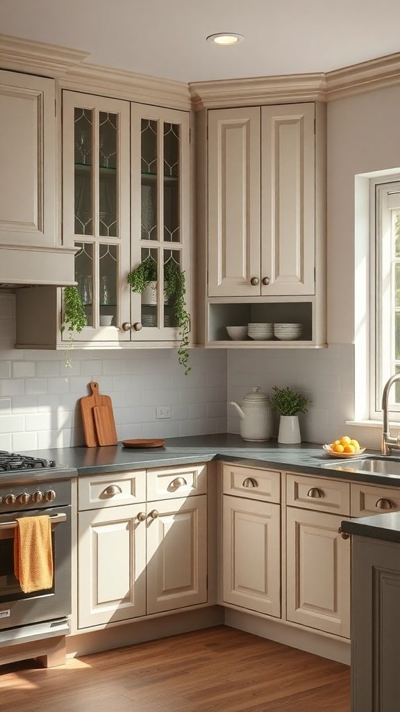 A cozy kitchen with painted cabinets, featuring a mix of closed and glass-front designs, complemented by plants and natural elements.