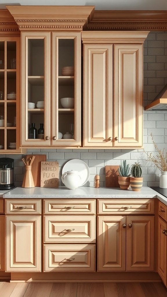 A bright kitchen with natural wood cabinets, potted plants, and decorative kitchenware on the countertop.