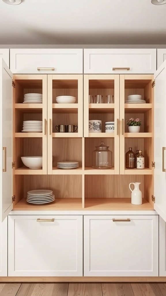 A modern kitchen cabinet featuring open and closed storage with plates, glassware, and decorative items.