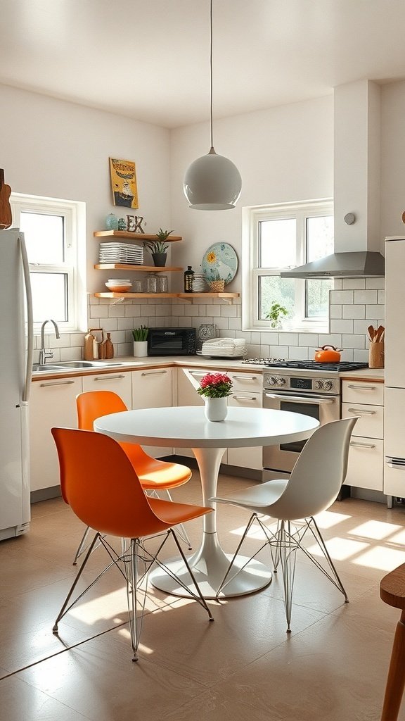 Mid-century modern kitchen with a round table and colorful chairs
