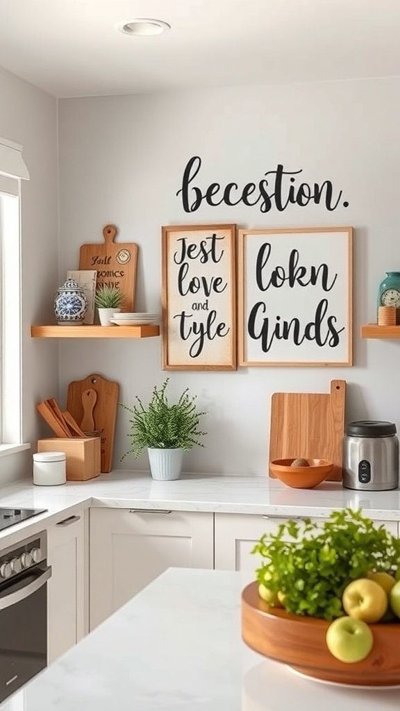 A modern kitchen featuring playful wall art and wooden accents.