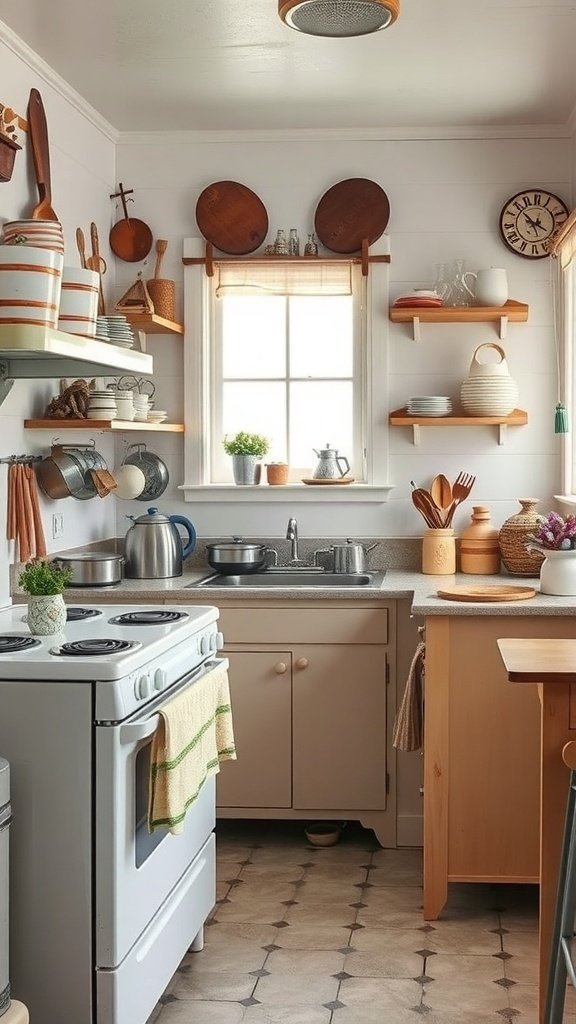 A small vintage-inspired kitchen with wooden decor, open shelves, and a cozy atmosphere.