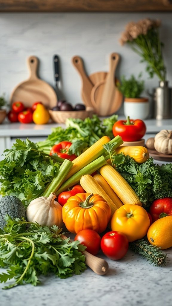 A variety of fresh vegetables including tomatoes, corn, and greens arranged on a kitchen counter.