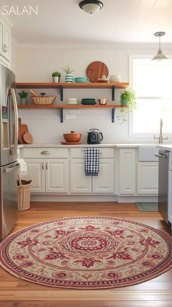 A rustic farmhouse kitchen featuring a round floral rug on wooden floors, white cabinets, and open shelves.