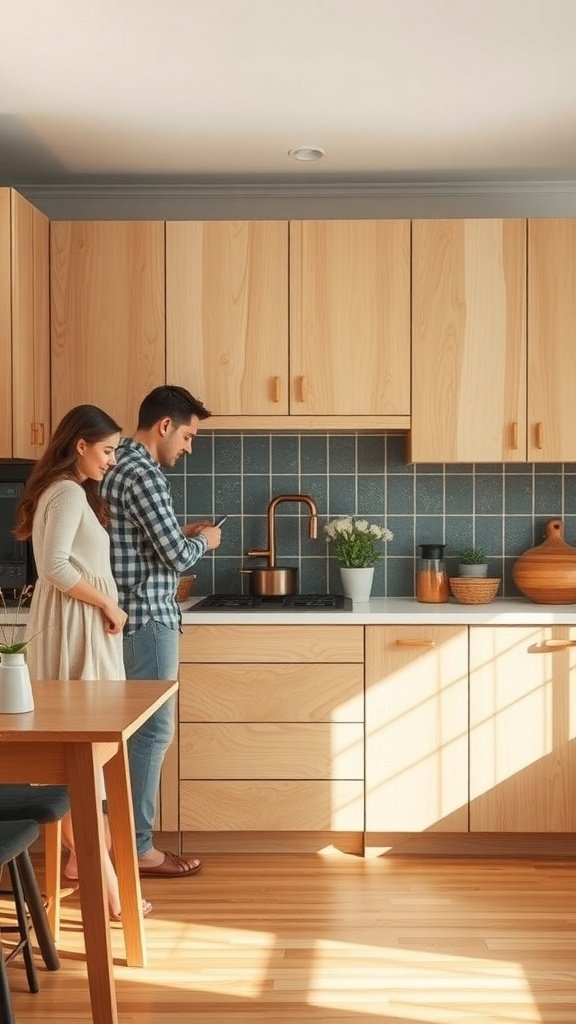 A couple cooking in a kitchen with white oak cabinets and a cozy atmosphere.