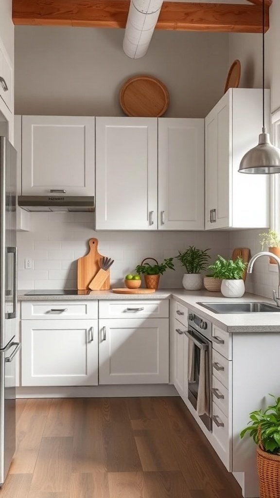 A bright kitchen featuring white cabinets, wooden accents, and plants.