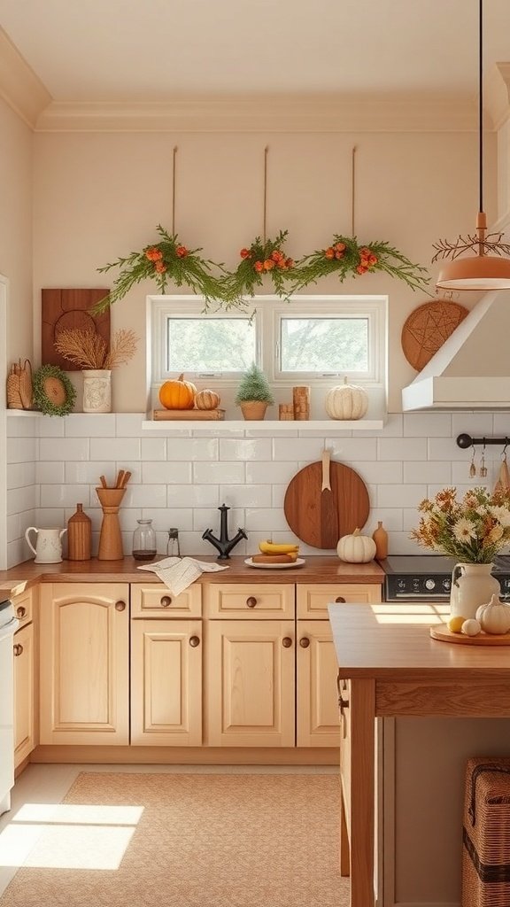 A cozy beige kitchen decorated for autumn with pumpkins and greenery.