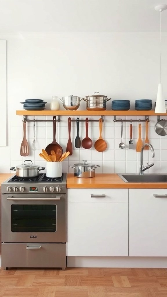 A mid-century modern kitchen featuring stylish cookware displays on open shelves.