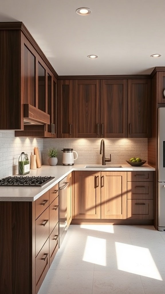 A modern kitchen with wooden cabinets and a light countertop.