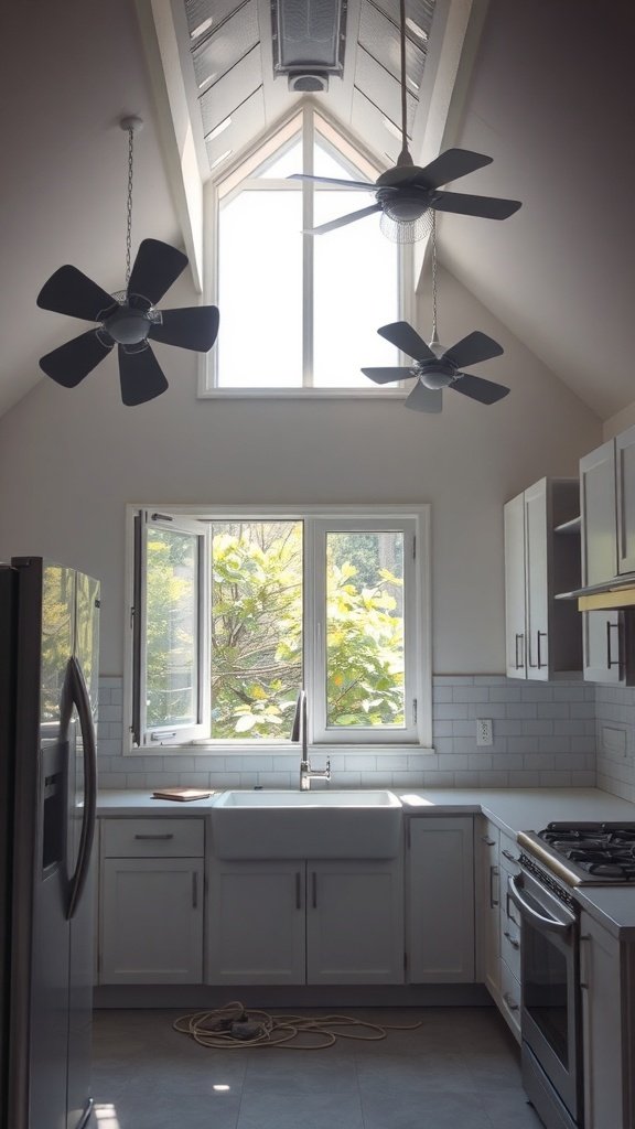 Bright kitchen with painted cabinets, large windows, and ceiling fans for ventilation.