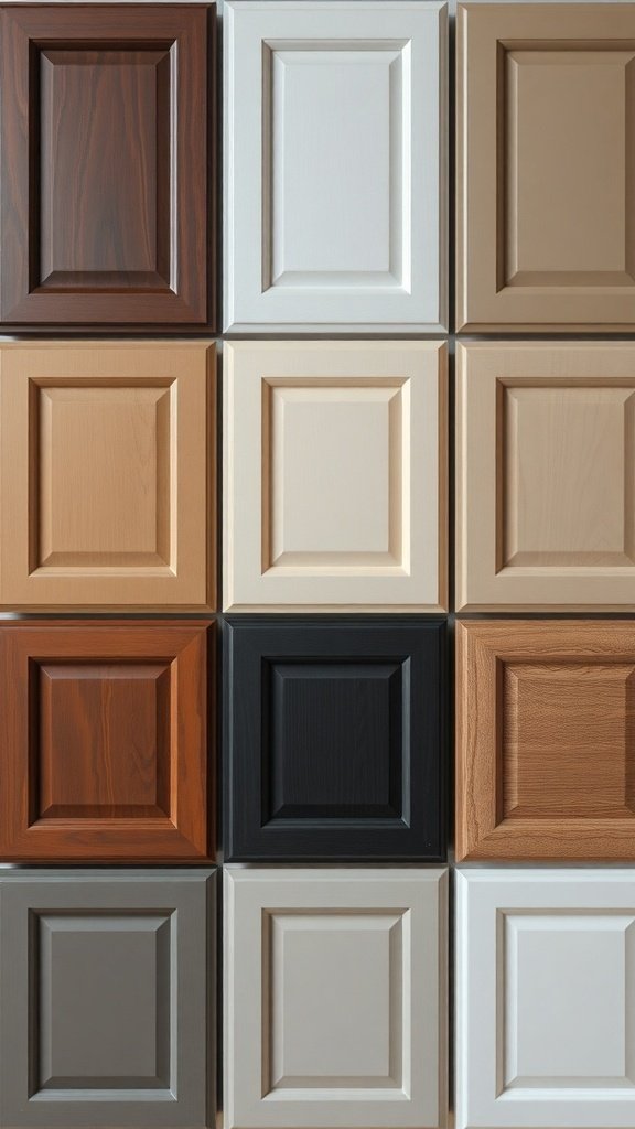 A variety of kitchen cabinet finishes displayed in a grid format, showcasing different colors and textures.