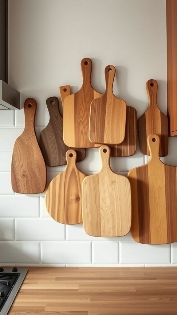 A display of various wooden cutting boards on a wall in a cottage kitchen.