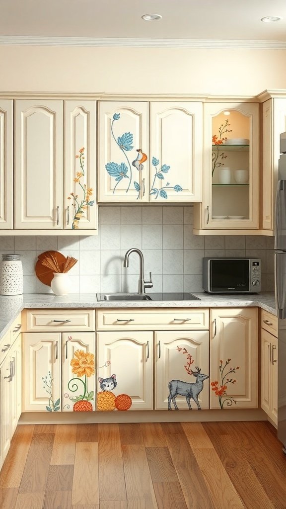 Painted kitchen cabinets with floral and animal designs