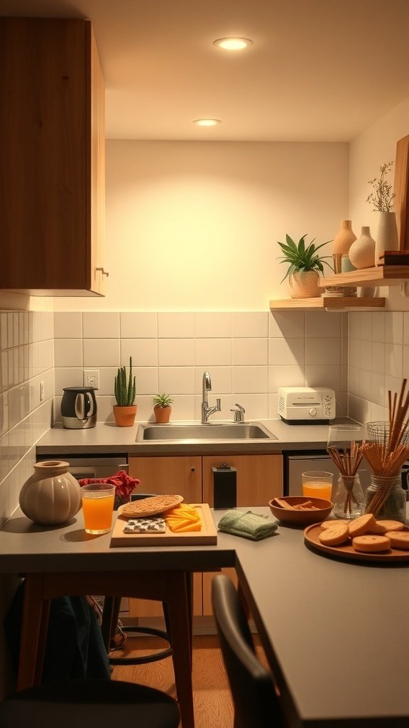 A small kitchen with a cozy setup for entertaining, featuring snacks, drinks, and plants.