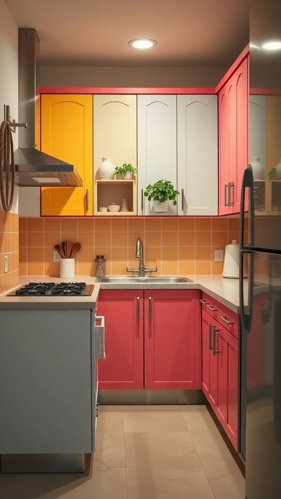 A small kitchen with colorful cabinets in yellow, pink, and gray, featuring an orange tiled backsplash.