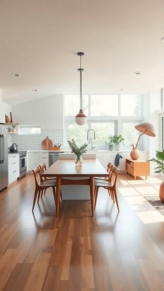 A mid-century modern kitchen featuring an open concept layout with large windows, wooden flooring, and a spacious dining table.