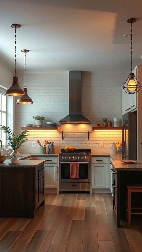 A modern kitchen with elegant pendant lighting and warm under-cabinet lights.