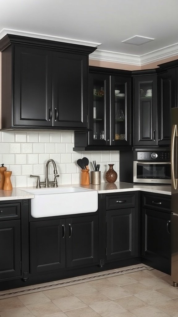 A modern kitchen featuring black cabinets, a farmhouse sink, and classic white tiles.