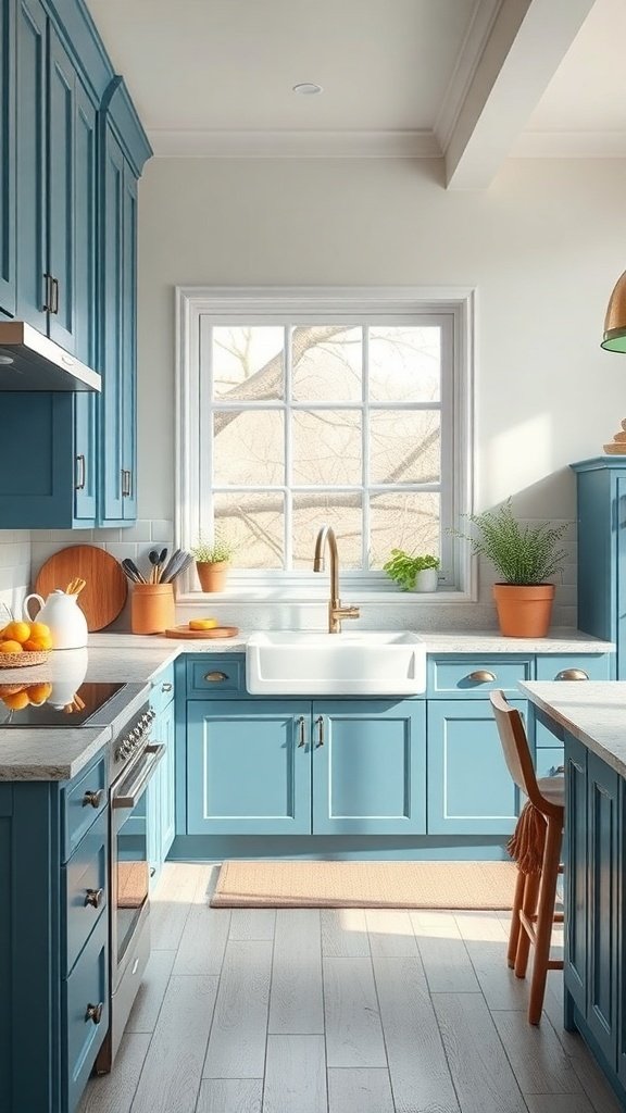 A bright kitchen featuring blue cabinets, a white farmhouse sink, and natural light coming through a window.