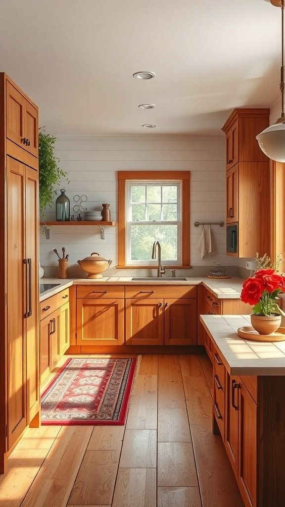 A cozy kitchen featuring warm wood finishes, bright sunlight, and decorative elements.
