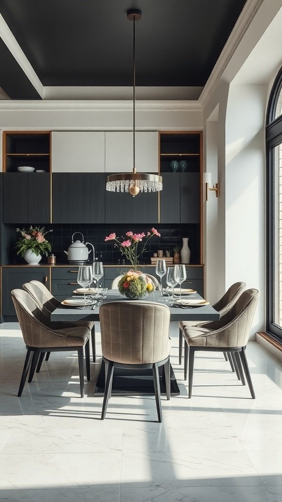 A modern dining area with a round table, plush chairs, and elegant glassware, featuring dark cabinetry and large windows.