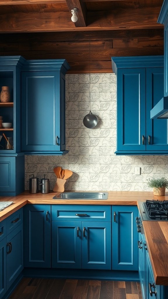 A kitchen featuring blue cabinets, wooden countertops, and a patterned backsplash.
