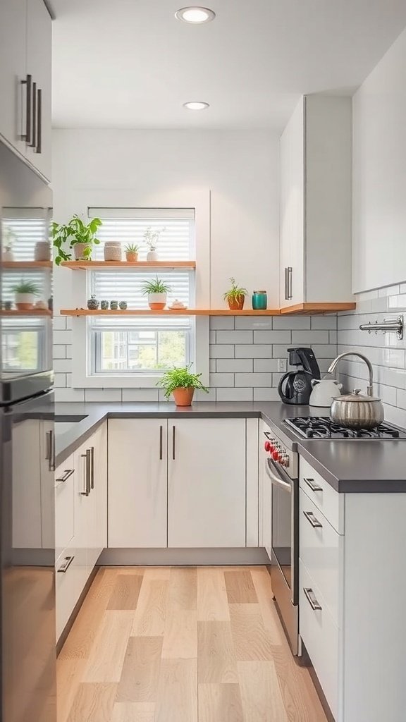 A small, modern kitchen with white cabinets, a gray countertop, and plants on the shelves.