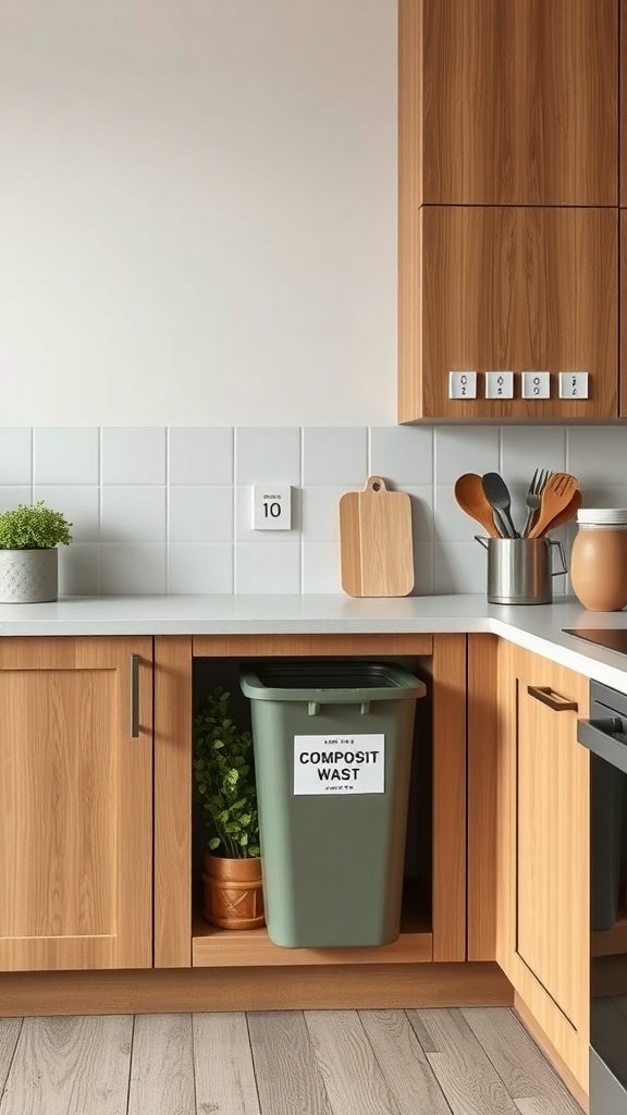 A modern kitchen featuring a green compost bin under the counter, with wooden cabinetry and a potted plant.