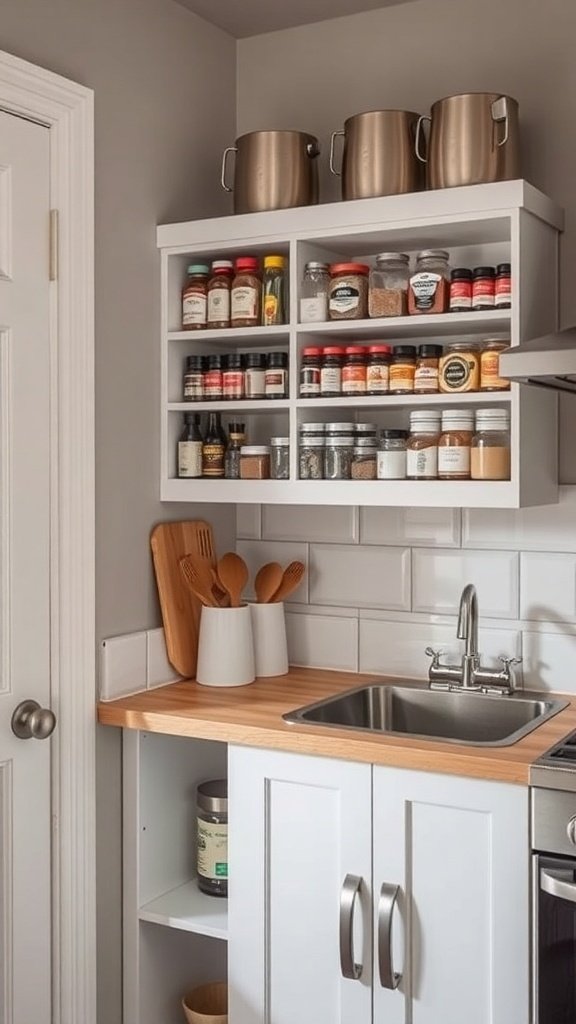 A small kitchen featuring a built-in spice rack above the sink, showcasing various spice jars and metal containers.