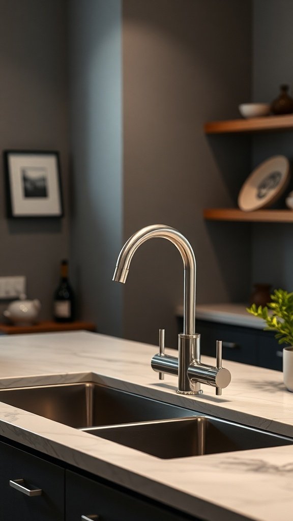 A modern kitchen faucet with a sleek design, set against a minimalist kitchen backdrop.
