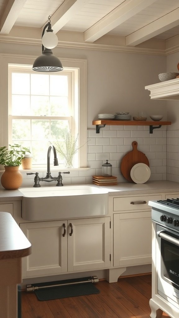 A rustic farmhouse kitchen featuring a deep farmhouse sink with vintage fixtures, natural light, and open shelving.