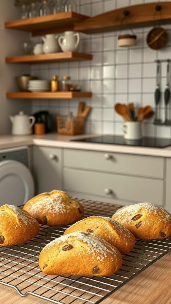 Freshly baked goods cooling on a rack in a cozy cottage kitchen.