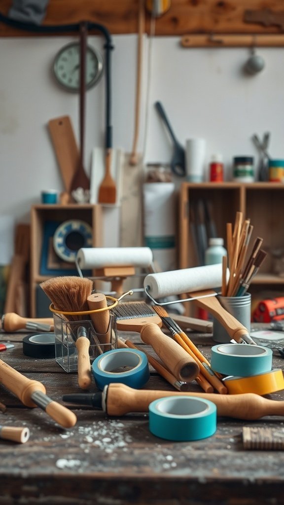 A variety of painting tools including brushes, rollers, painter's tape, and other supplies on a workbench.