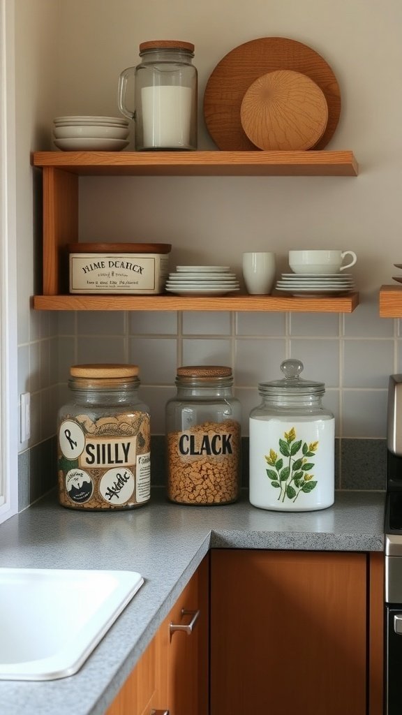 Decorative storage jars on kitchen counter with labels and wooden plates
