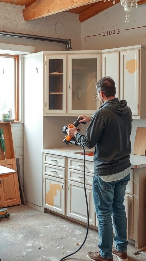 A person using a paint stripper tool on kitchen cabinets to remove old paint.