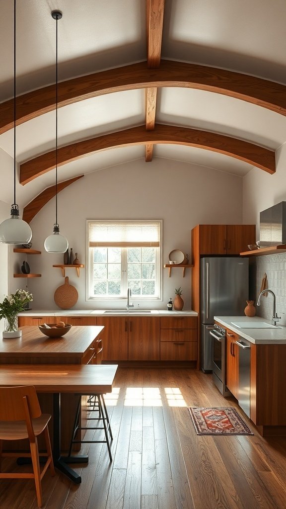 A mid-century modern kitchen featuring vaulted wooden beams, rich cabinetry, and a bright open layout.