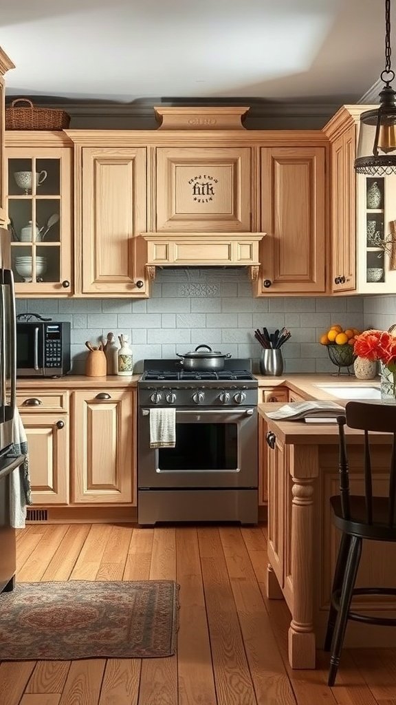 A traditional kitchen featuring white oak cabinets, stainless steel appliances, and a cozy atmosphere.