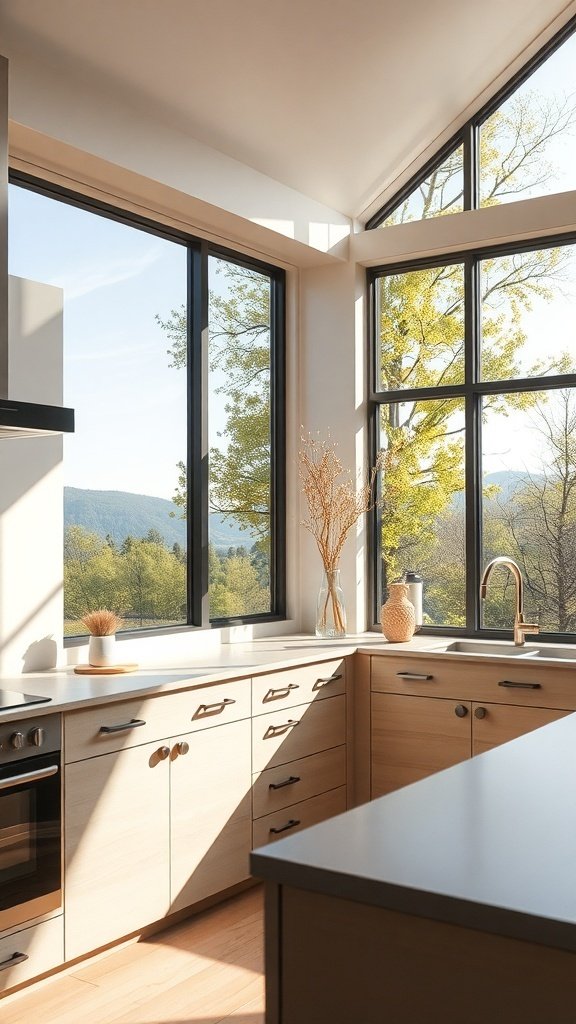 A modern beige kitchen with large windows showcasing outdoor views.