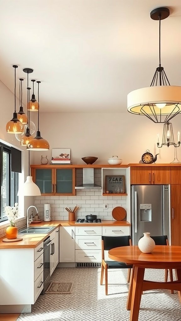A mid-century modern kitchen featuring retro lighting fixtures, including pendant lights and a chandelier.